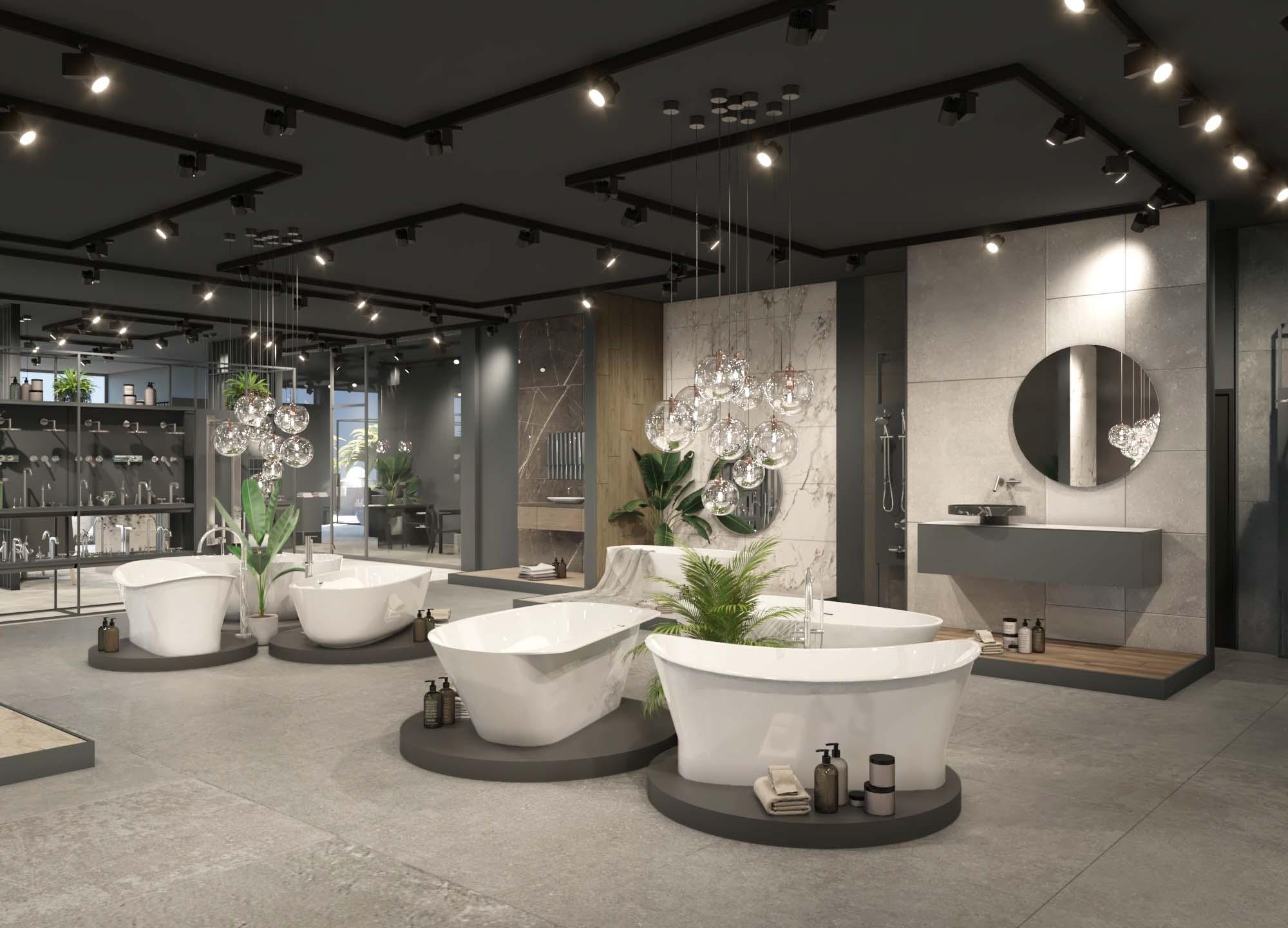 best interior of a salon designed with tiles where bath tubs are placed 