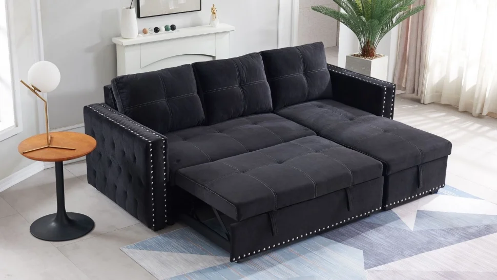 A black sofa cum bed is placed in a living room