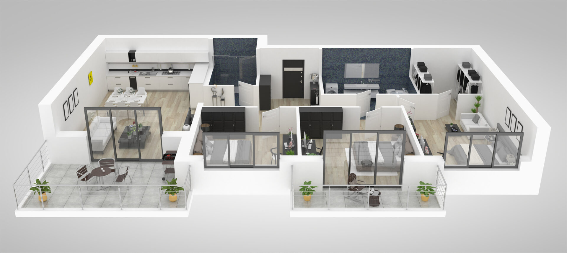 Floor plan of a house top view 3D illustration. Open concept liv