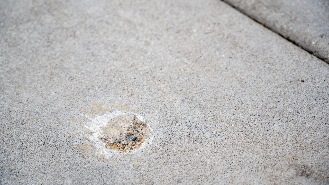 A slab showing a previously drilled hole filled with slurry post mud jacking