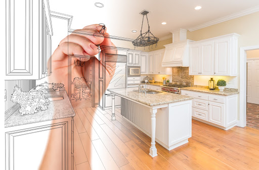 Hand Drawing Custom Kitchen Design With Gradation Revealing Photograph.