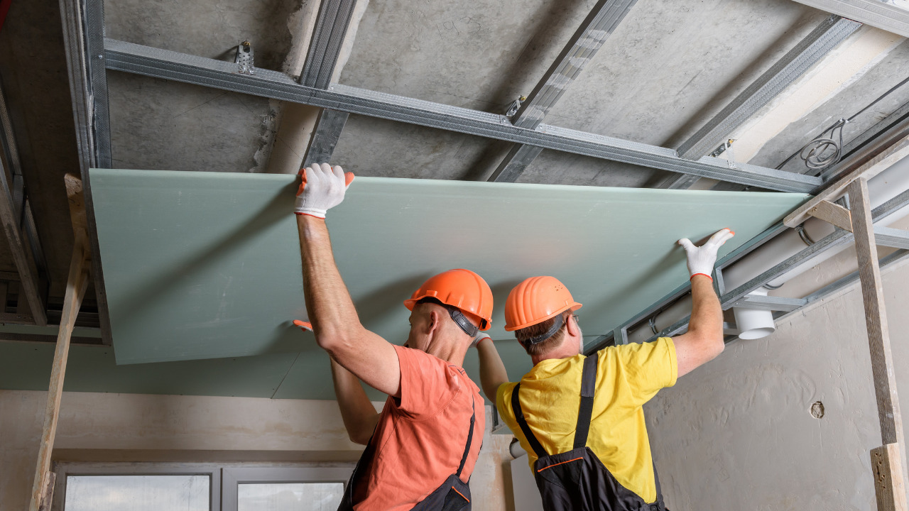 Coffered Ceiling installation with workers