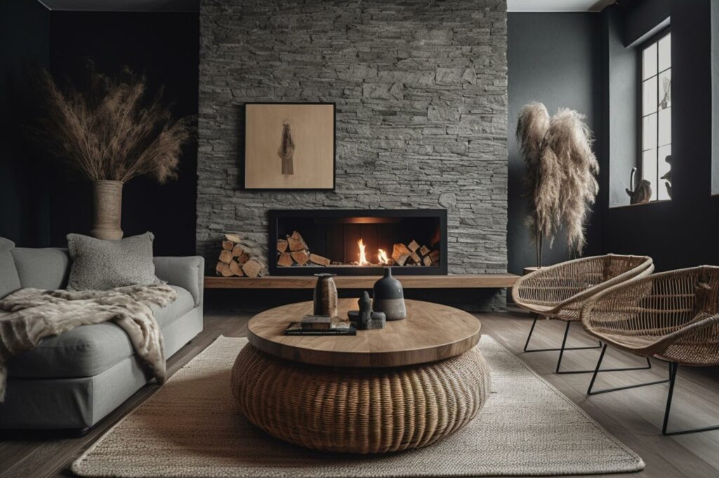 Contemporary interior with fireplace, wicker decor, stone wall, and grey accents. Generative AI