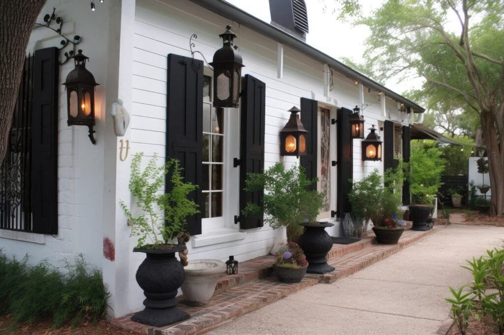shabby chic exterior with white shutters and black metal lanterns
